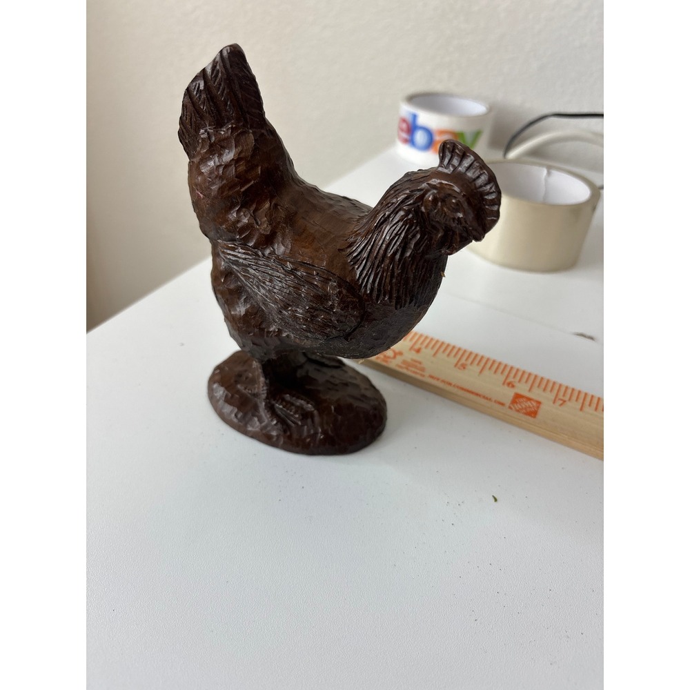 Vintage Hand Carved Wooden Chicken Figurine Rustic Farmhouse Folk Art Decor